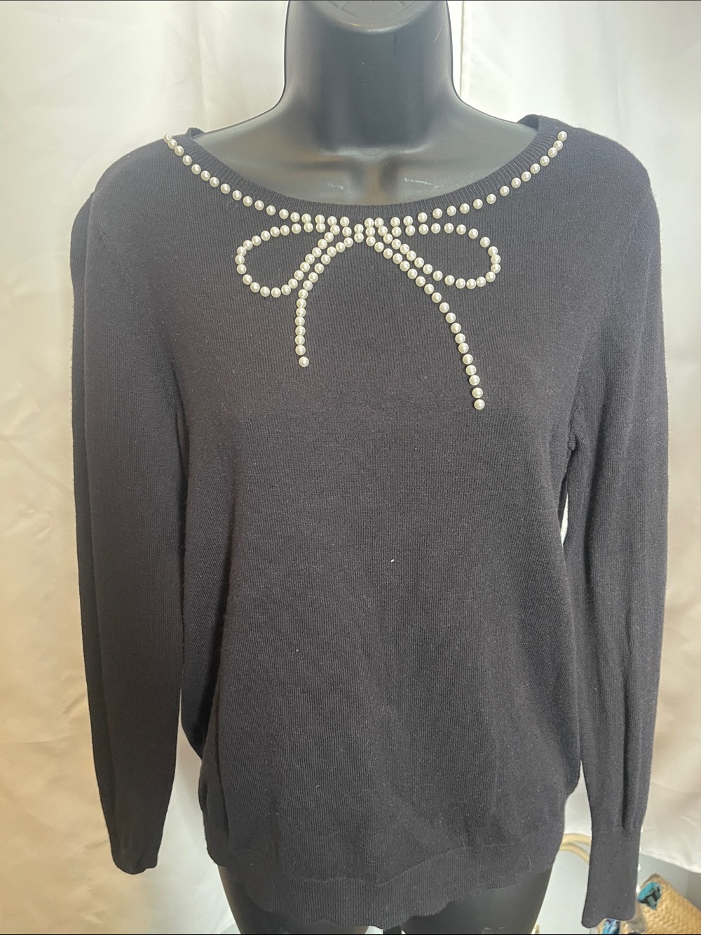 Elle Black Crewneck Sweater with Pearl Bow Trim